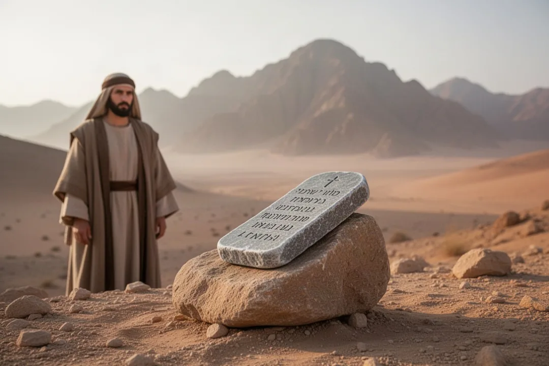 Steintafeln vor einer Wüstenlandschaft am Berg Sinai